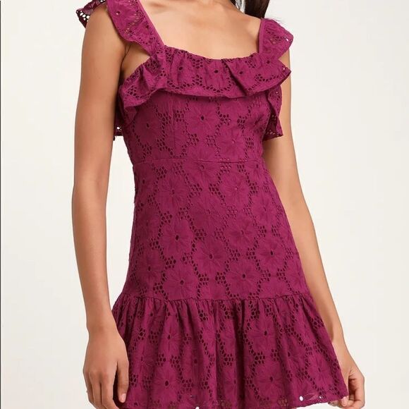Lulu’s Biscay Magenta Ruffled Eyelet Lace Dress - Picture 2 of 8